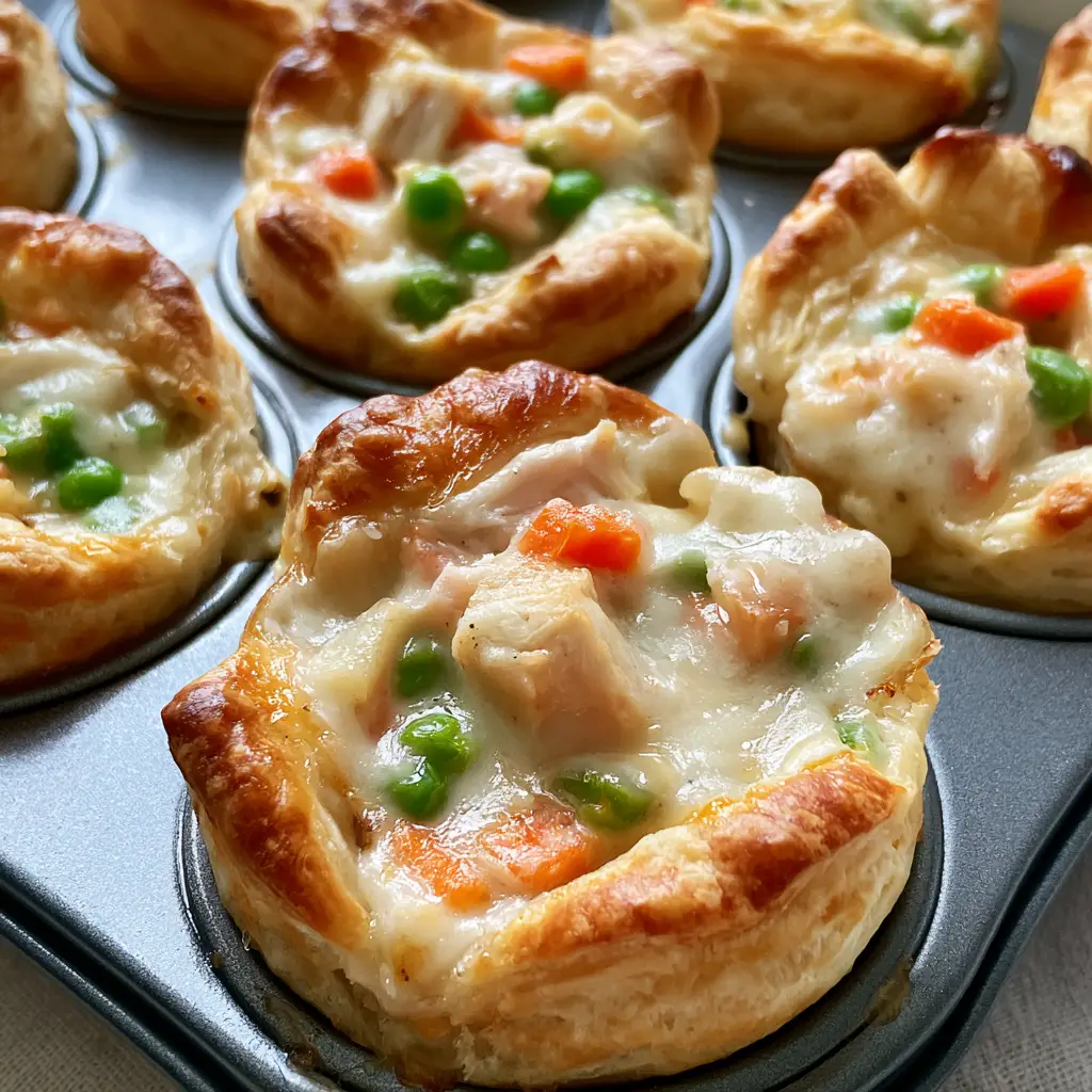 Mini Chicken Pot Pie Bites: Easy Muffin Tin Comfort Food 1 Detail shot of the puffed toasted biscuit edges of the Mini Chicken Pot Pie Bites.