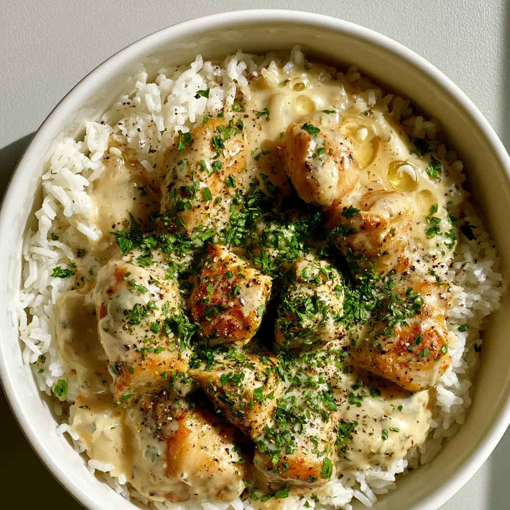 Detailed shot of the thick garlic cream sauce coating bite-sized chicken pieces in the Creamy Garlic Chicken Rice Bowls.