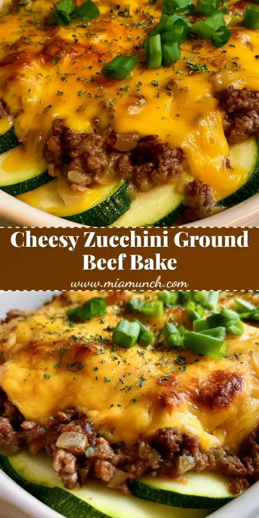 A close-up vertical shot of Zucchini Hamburger Casserole in a white dish with melted toasted cheddar cheese and green scallions.