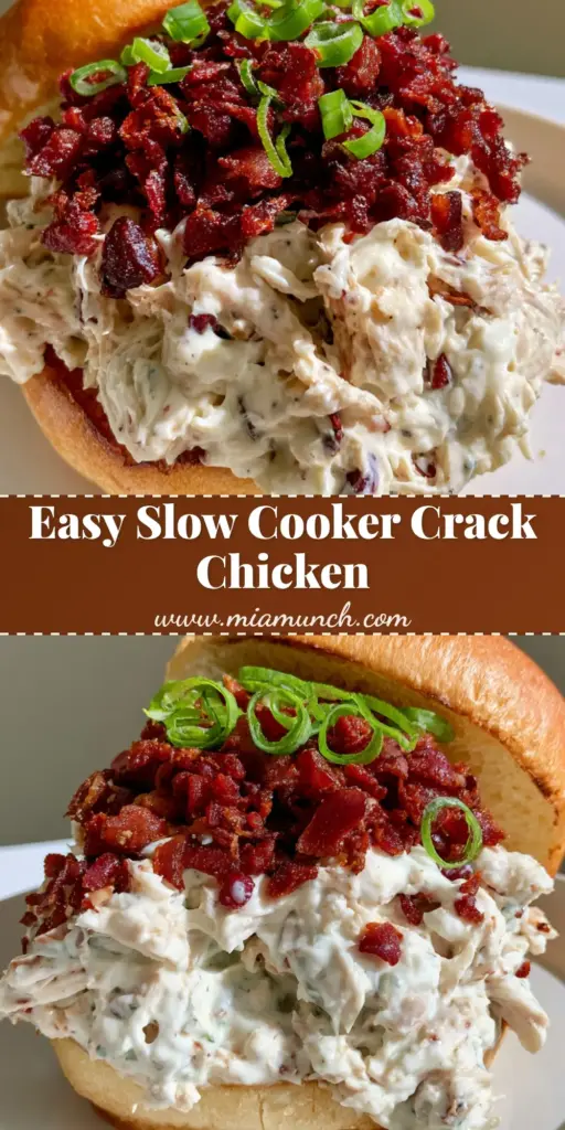 Slow Cooker Crack Chicken: The Ultimate Creamy Ranch Chicken Sandwich 4 A Slow Cooker Crack Chicken sandwich on a toasted brioche bun with creamy shredded chicken, crispy bacon, and green scallions on a white plate.
