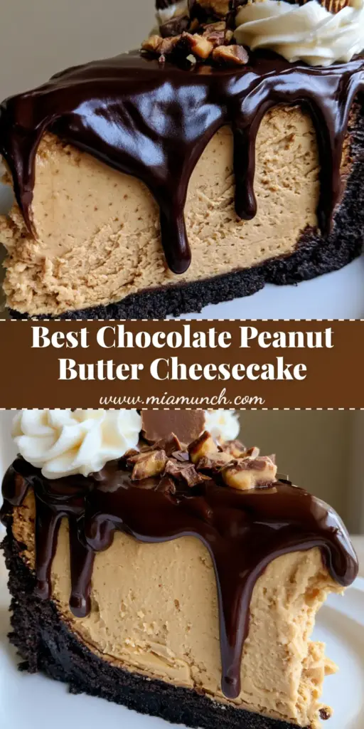A decadent slice of Chocolate Peanut Butter Cheesecake with a thick dark chocolate crust, tan peanut butter filling, and glossy dark chocolate ganache drips topped with mini peanut butter cups.