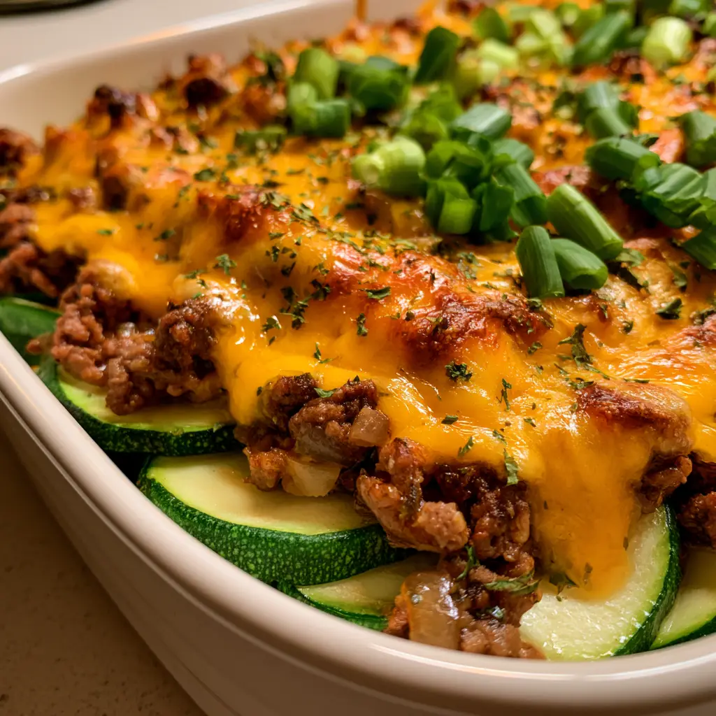 Close up of browned ground beef crumbles and zucchini rounds under a layer of melted yellow cheddar cheese. (Zucchini Hamburger Casserole)