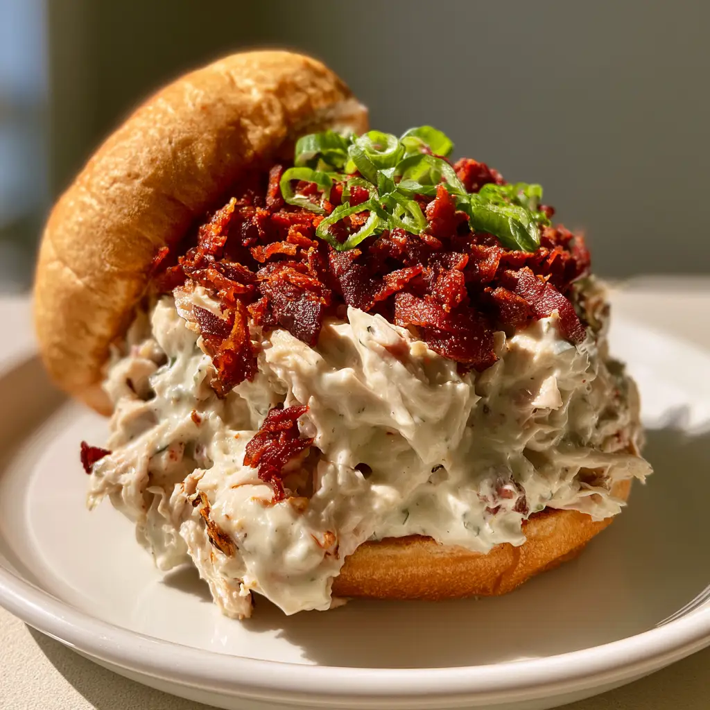 Smartphone photo of juicy shredded Slow Cooker Crack Chicken piled onto a toasted bun with thick cream cheese sauce.