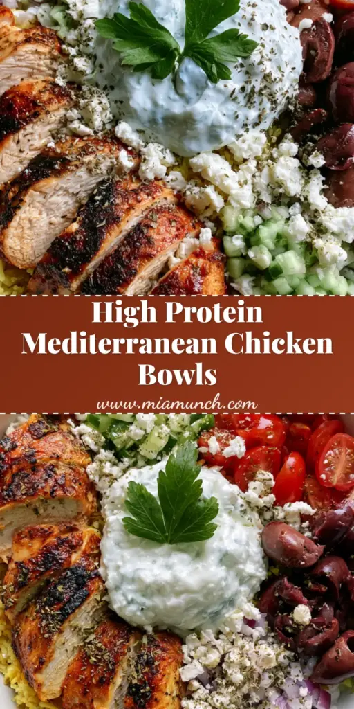 A top-down Pinterest-style shot of High Protein Mediterranean Chicken Bowls with char-grilled chicken, vibrant yellow rice, and creamy tzatziki sauce.
