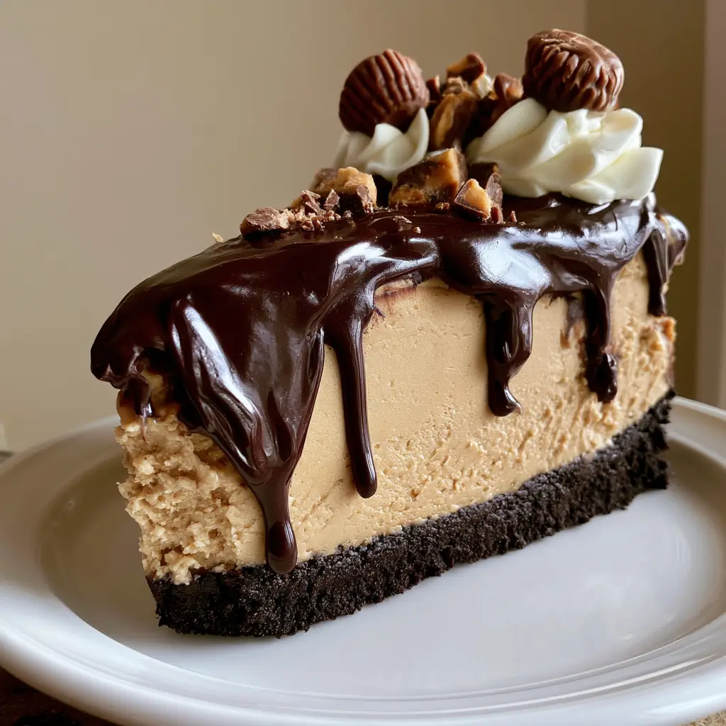Home 6 Close up view of the tan peanut butter filling and dark chocolate cookie crust of a Chocolate Peanut Butter Cheesecake.