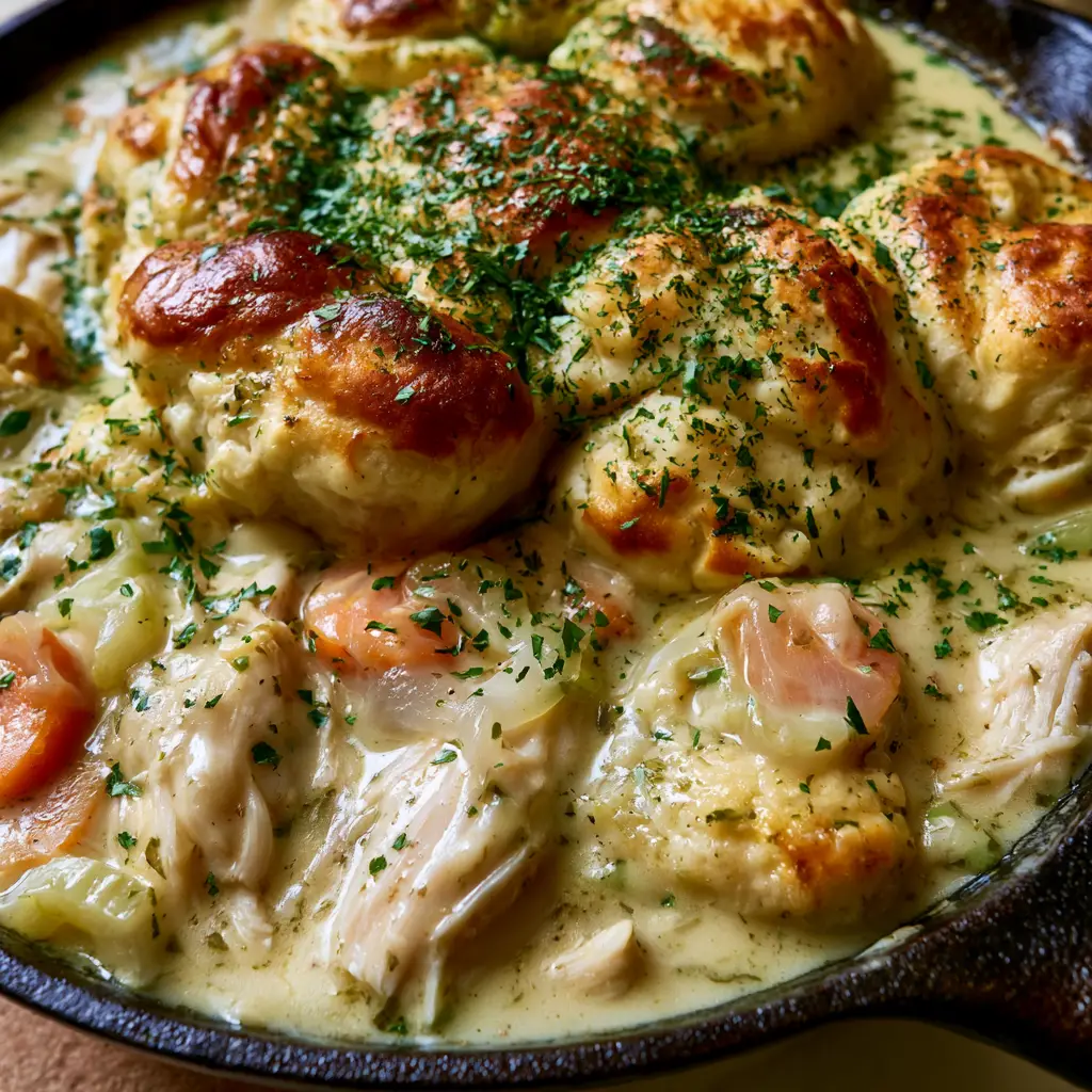 Close-up of shredded white meat chicken and soft orange carrots in a thick creamy herb broth. (Chicken and Dumplings with Biscuits)