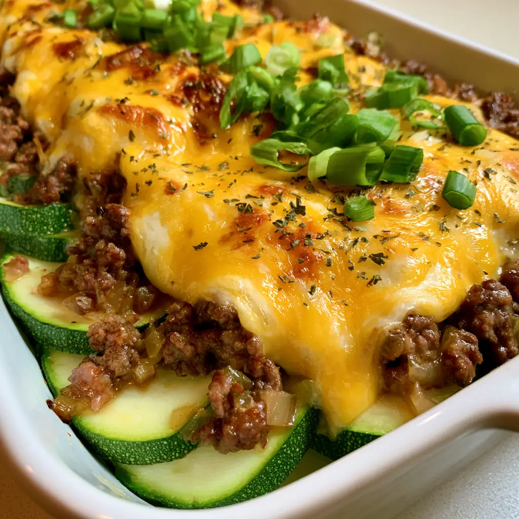 A close-up shot of the toasted cheese crust on a zucchini hamburger casserole garnished with scallions and parsley.