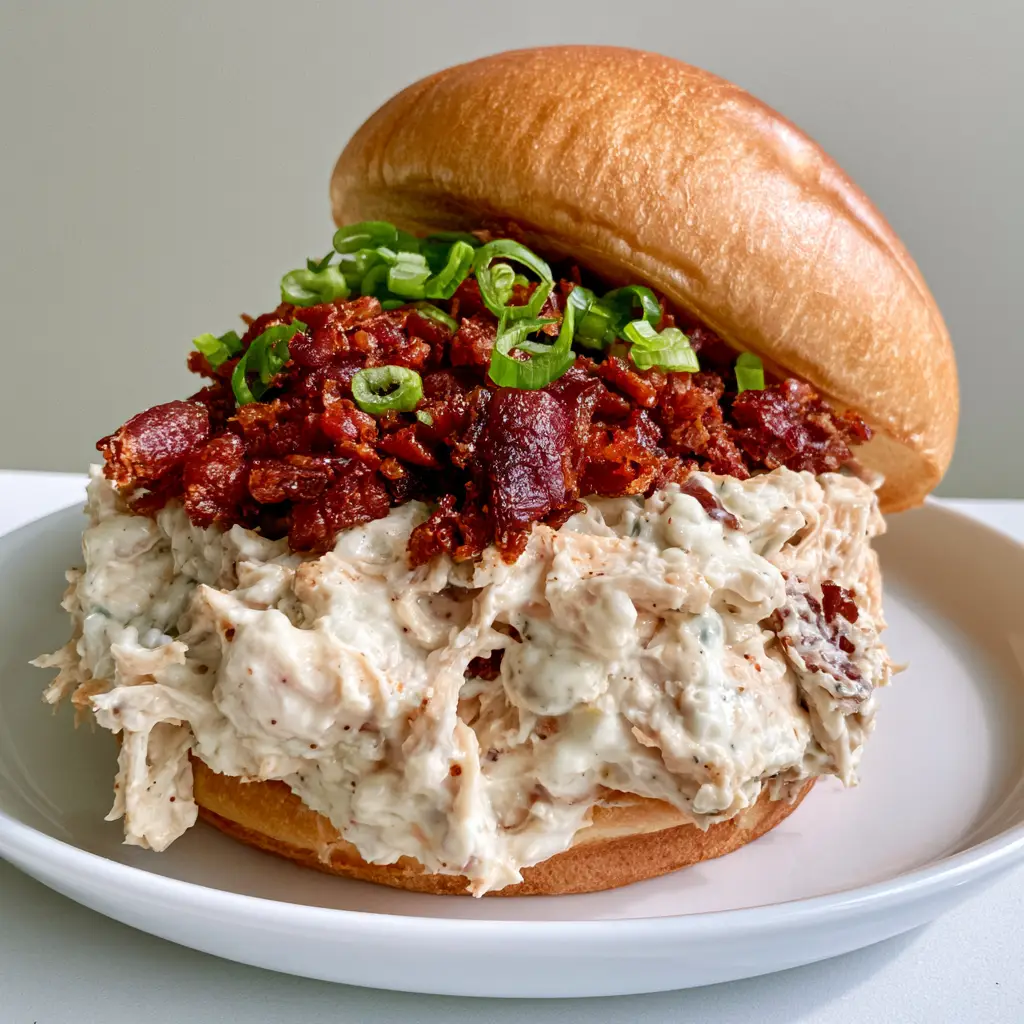 Slow Cooker Crack Chicken: The Ultimate Creamy Ranch Chicken Sandwich 1 Close up of Slow Cooker Crack Chicken showing the crispy reddish-brown bacon bits and bright green scallion rings.