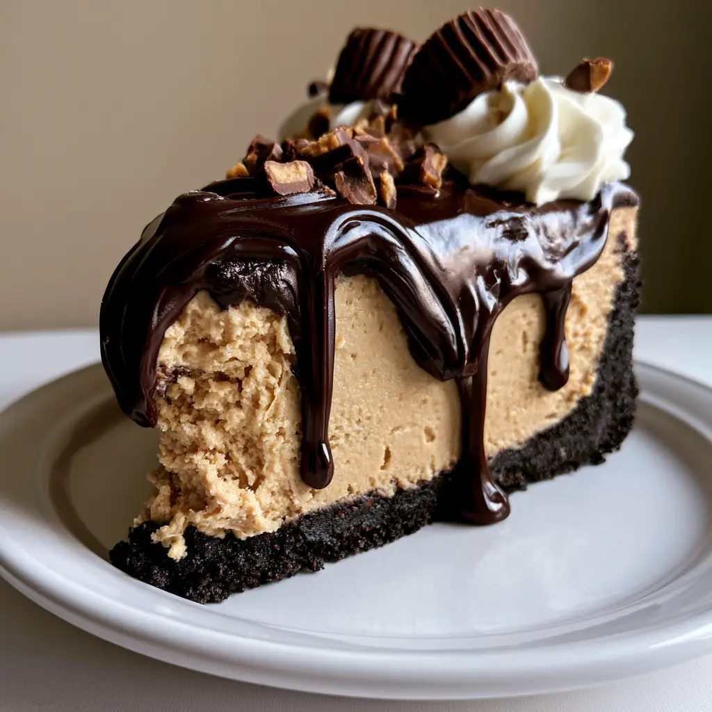 A tall slice of Chocolate Peanut Butter Cheesecake showing the artistic ganache drips and whipped cream garnish.