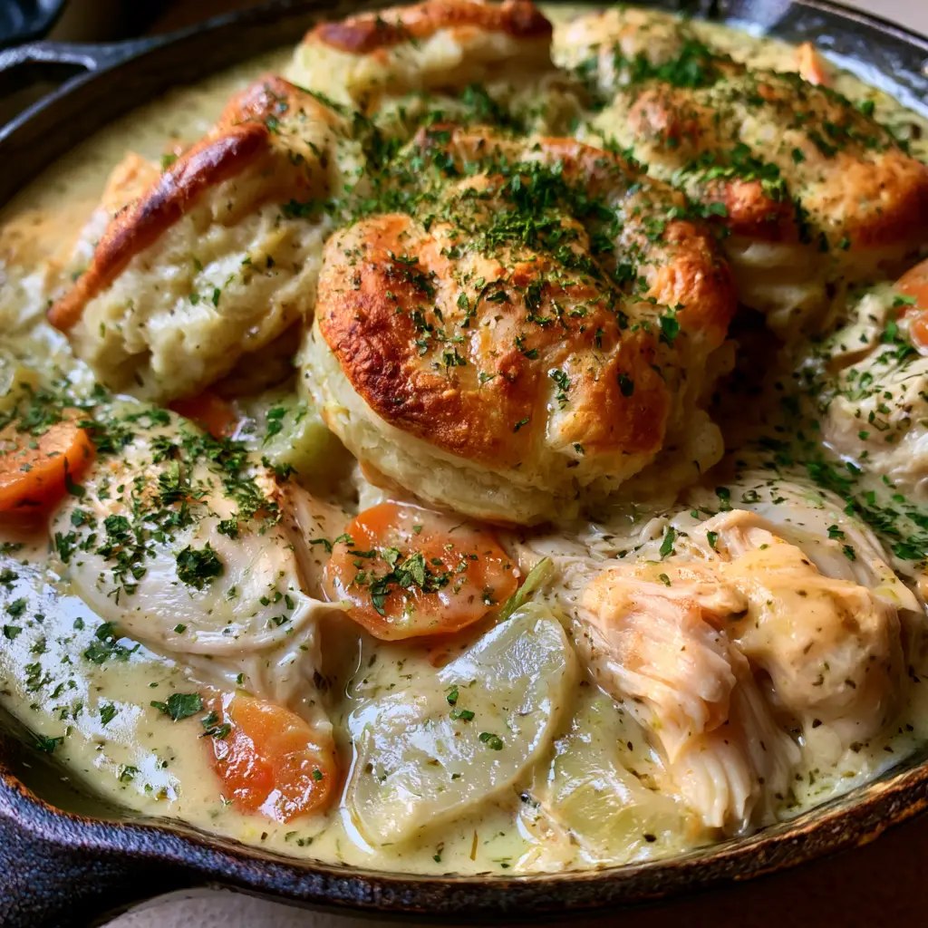 Golden-brown puffed biscuit dumplings resting on a pale-yellow herb broth with parsley dusting.