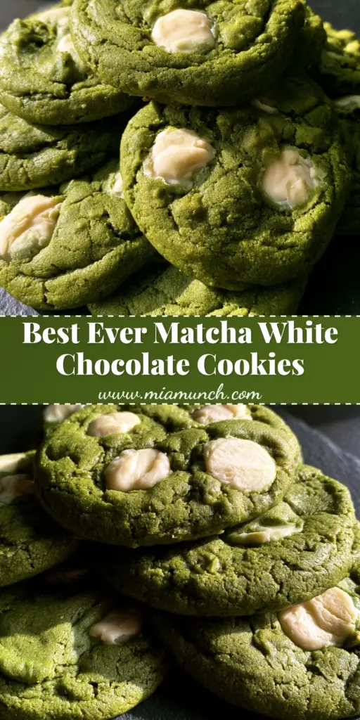 A tall stack of thick forest green Matcha White Chocolate Cookies with cracked surfaces and visible white chocolate chips on a dark slate surface.