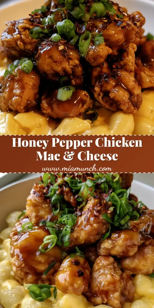 Honey Pepper Chicken Mac and Cheese: The Ultimate Sweet & Spicy Comfort Food 3 A overhead shot of Honey Pepper Chicken Mac and Cheese in a white bowl featuring glossy glazed chicken and creamy shells.