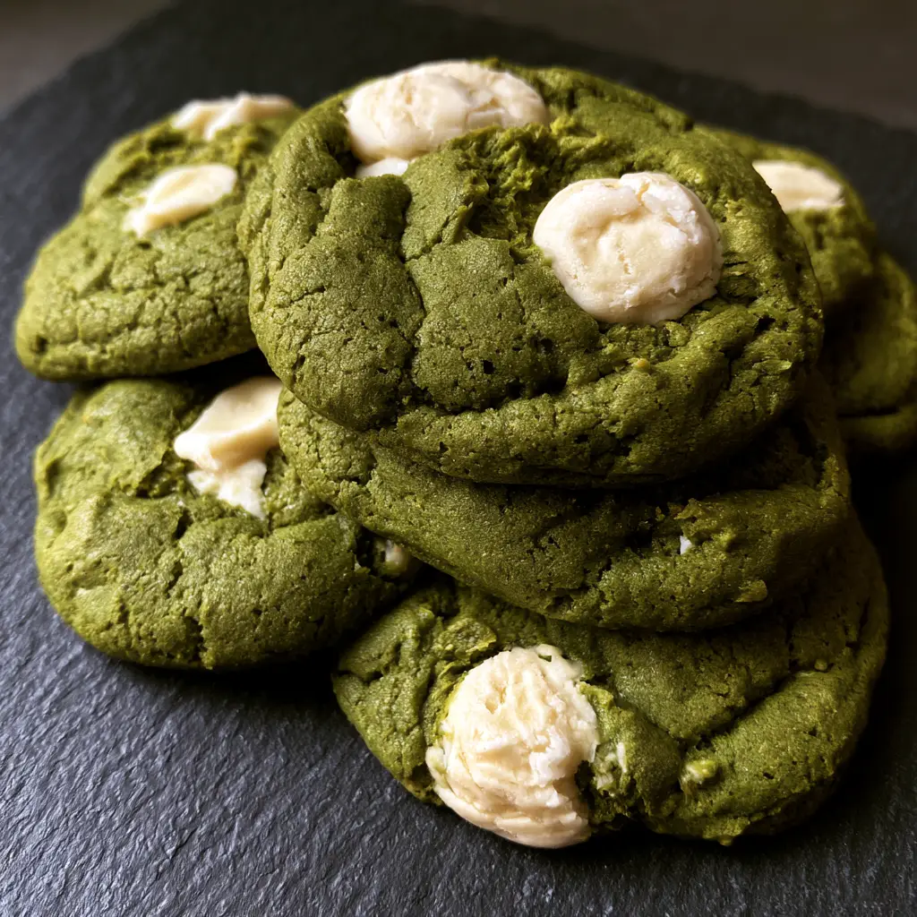 Close-up of a stack of thick forest green matcha cookies with large white chocolate chips and a soft-baked fudgy center.