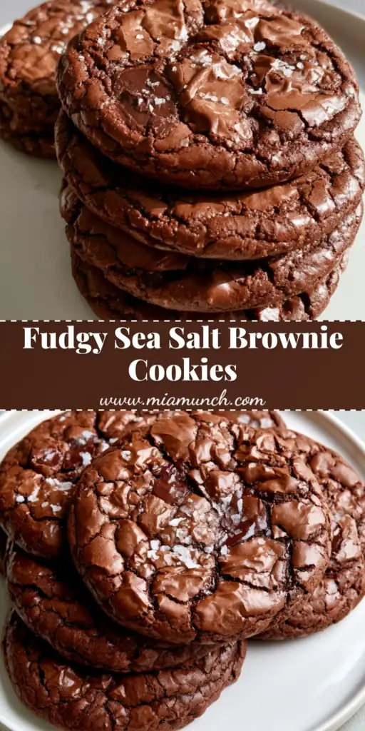 A stack of thick circular Fudgy Brownie Cookies with glossy crackled tops, melted chocolate chunks visible in the fissures, and a light dusting of coarse sea salt flakes.