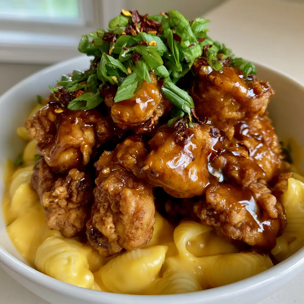 Close up of Honey Pepper Chicken Mac and Cheese showing the glossy amber glaze and red chili flakes.