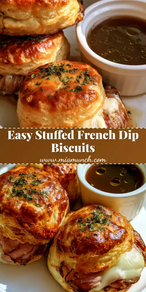 French Dip Biscuits: Flaky, Buttery, and Stuffed with Roast Beef 4 A stack of three golden-brown French Dip Biscuits showing flaky layers, melted cheese, and roast beef, served with a side of dark au jus gravy.