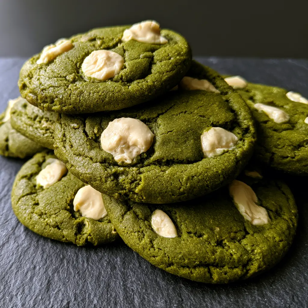 Irregularly piled forest green cookies showing the matte cracked exterior and creamy white chocolate chips.