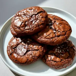 Close-up of Fudgy Brownie Cookies on a white plate showing the dense fudgy center and shiny crinkled exterior.