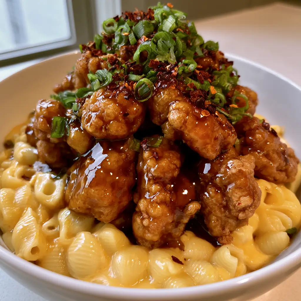 Honey Pepper Chicken Mac and Cheese: The Ultimate Sweet & Spicy Comfort Food 1 A handheld photo of Honey Pepper Chicken Mac and Cheese in a natural light kitchen setting.