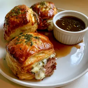 Close up of golden-brown baked French Dip Biscuits stuffed with roast beef and provolone cheese with a shiny buttery glaze.