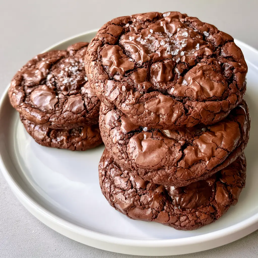 A stack of dark cocoa Fudgy Brownie Cookies with visible semi-melted chocolate chunks and sea salt.