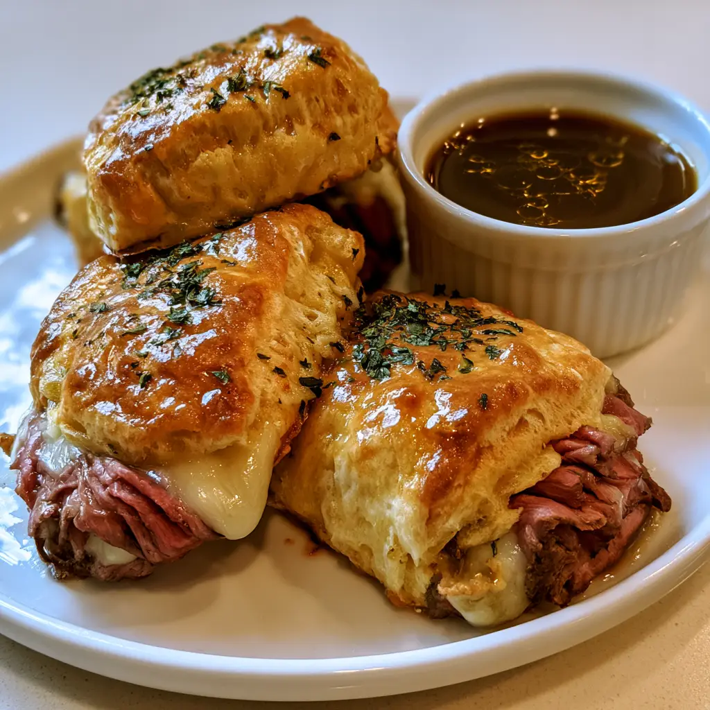 French Dip Biscuits: Flaky, Buttery, and Stuffed with Roast Beef 1 French Dip Biscuits plated on a white ceramic plate next to a ramekin of dark brown au jus dipping sauce.