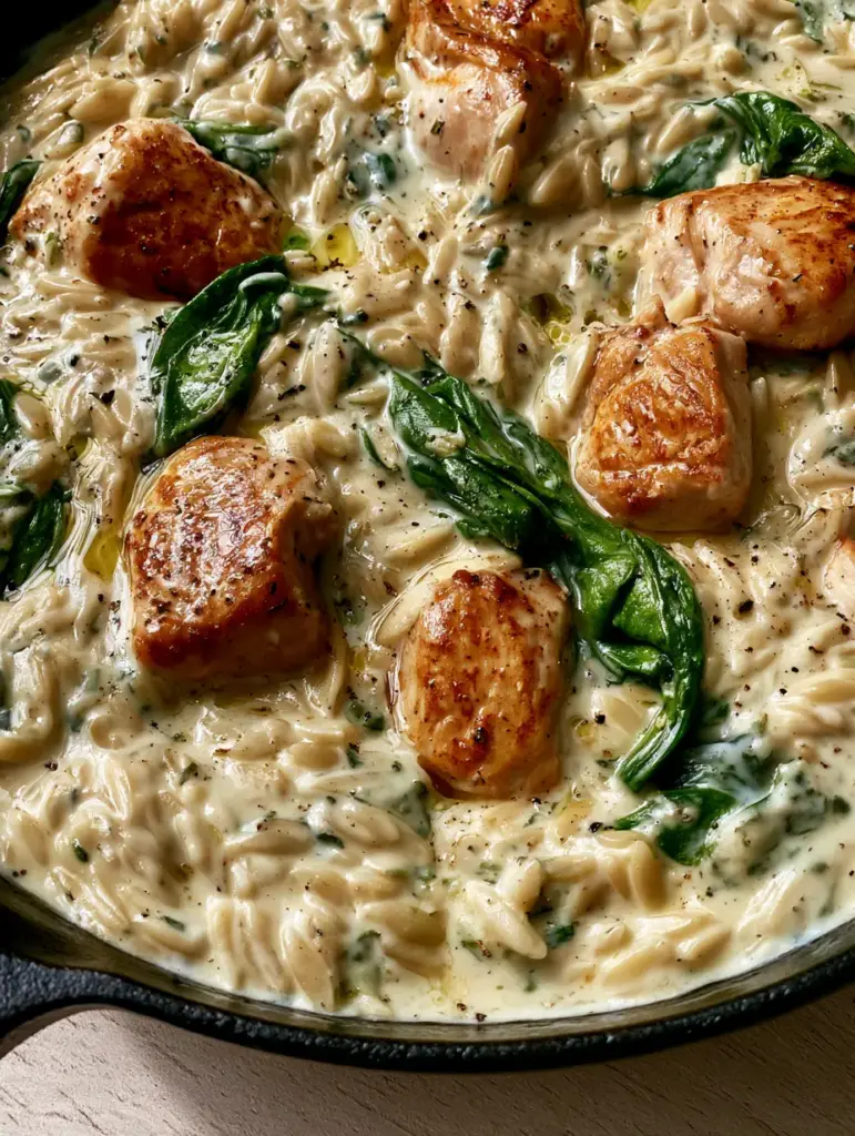 Creamy Boursin Chicken Orzo: The Ultimate One-Pan 30-Minute Dinner 1 Overhead shot of Creamy Boursin Chicken Orzo featuring wilted spinach and cracked black pepper.