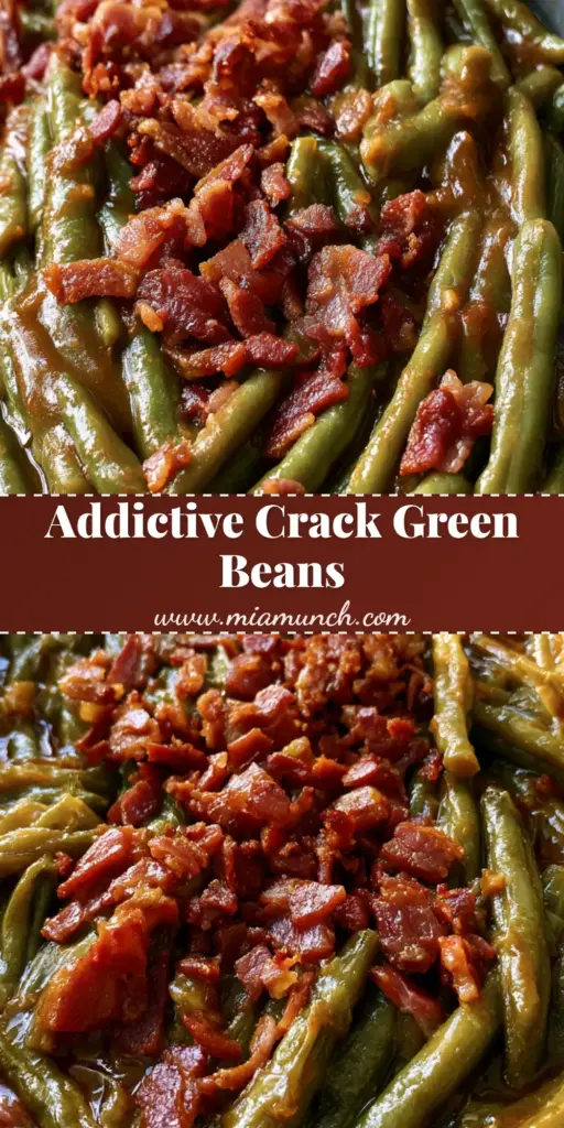 A close-up shot of Crack Green Beans in a dark grey slow cooker, featuring a glossy dark amber glaze and crispy bacon bits.