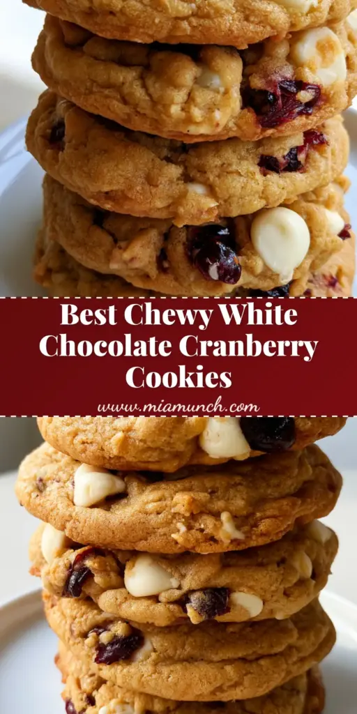 A tall stack of five thick, soft-baked White Chocolate Cranberry Cookies on a white ceramic plate, featuring golden-brown dough and ruby-red cranberries.