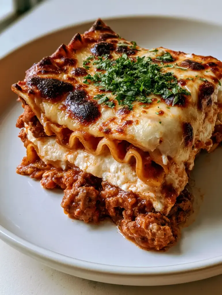 Close up of the melted mozzarella and toasted parmesan cheese on top of the Million Dollar Italian Lasagna.