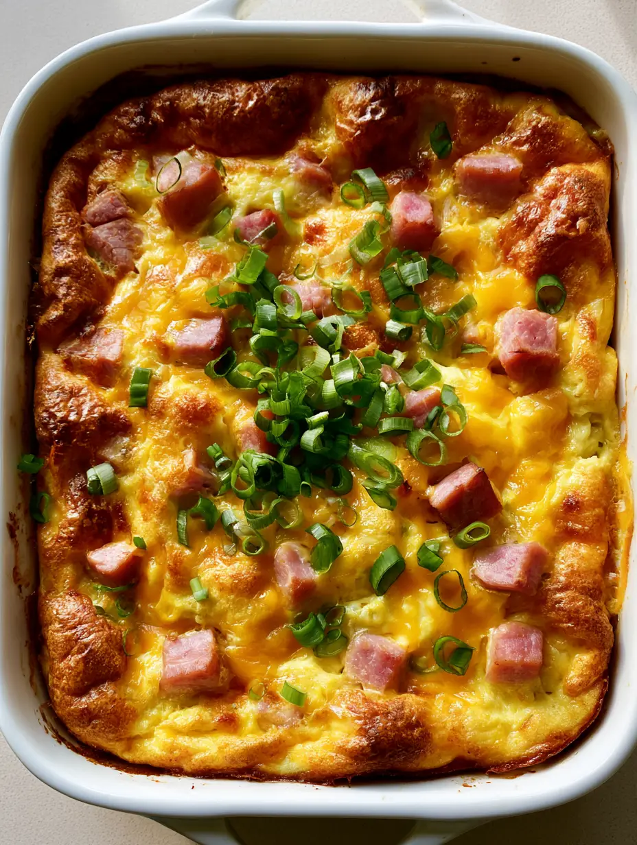 Top-down view of a golden-brown Farmer's Breakfast Casserole showing bubbly toasted cheese and fresh green scallion garnish.