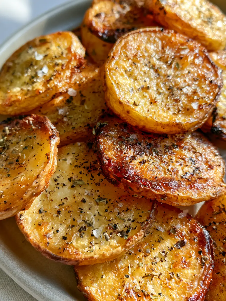 Close up shot of golden brown Air Fryer Sliced Potatoes stacked on a neutral plate with visible herbs and sea salt flakes.