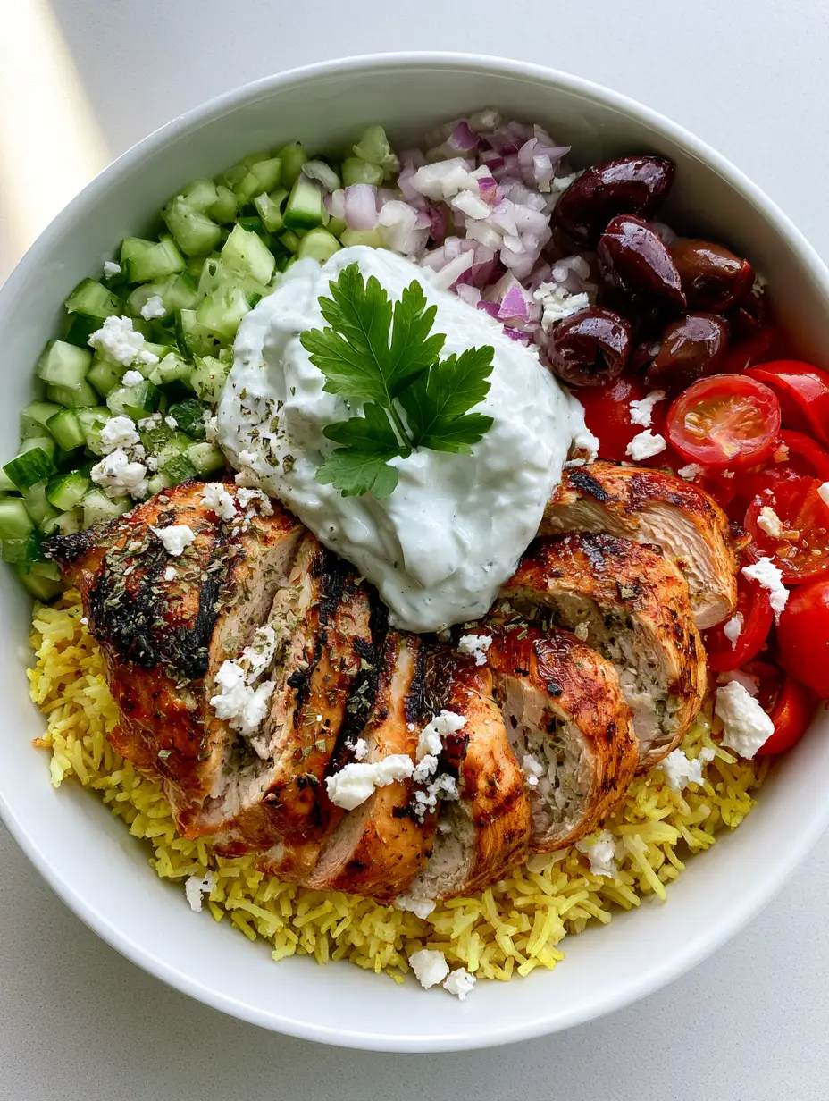 Close up of High Protein Mediterranean Chicken Bowls showing fluffy yellow turmeric rice and grilled chicken with char marks.