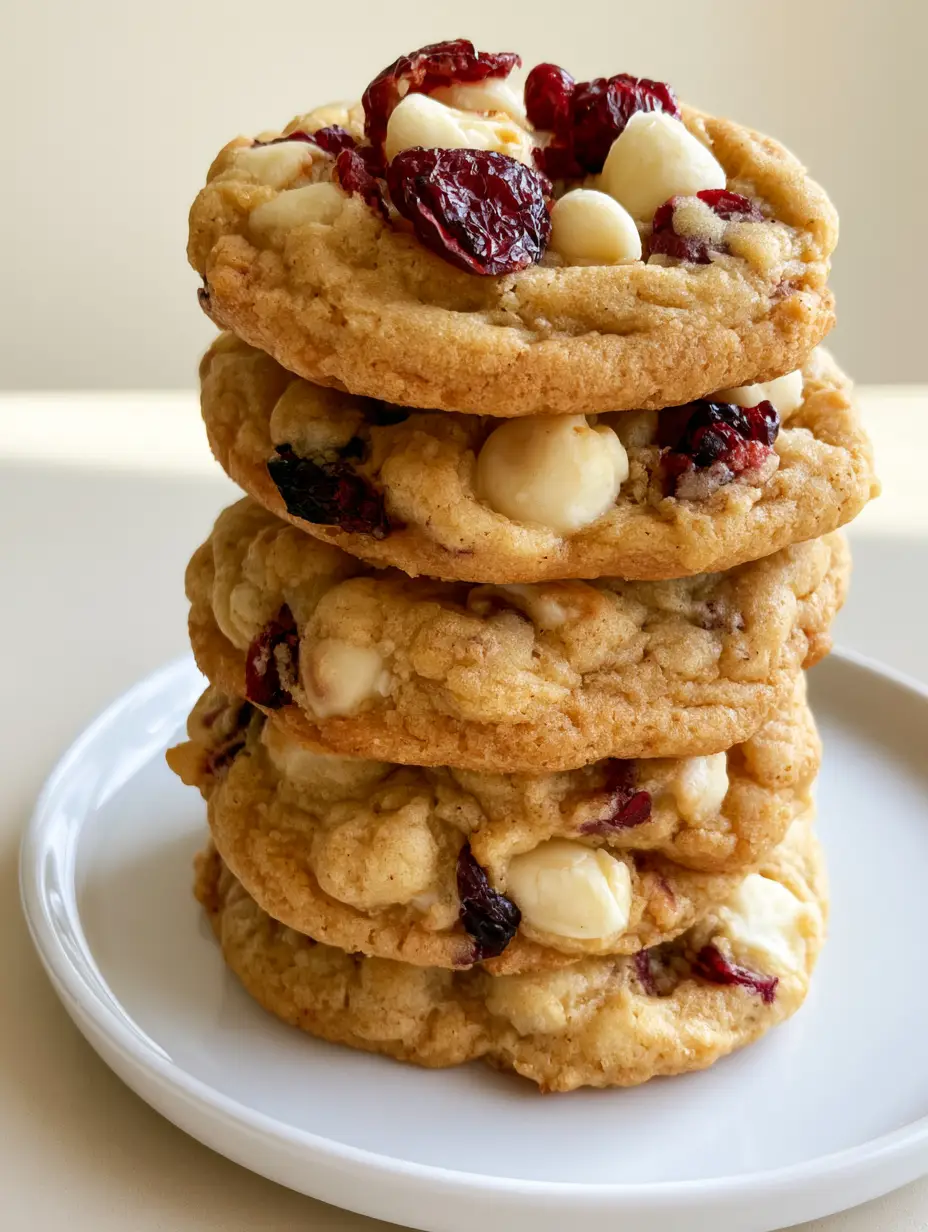 Close up shot of soft-baked White Chocolate Cranberry Cookies showing textured surface and melted white chocolate morsels.