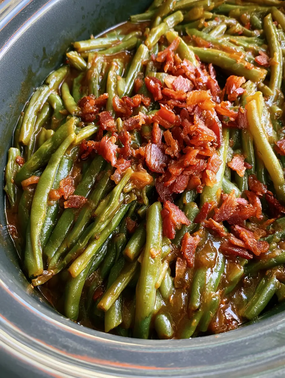 Top-down view of slender whole green beans saturated in a savory dark brown sugar reduction inside a ceramic crock. (Crack Green Beans)