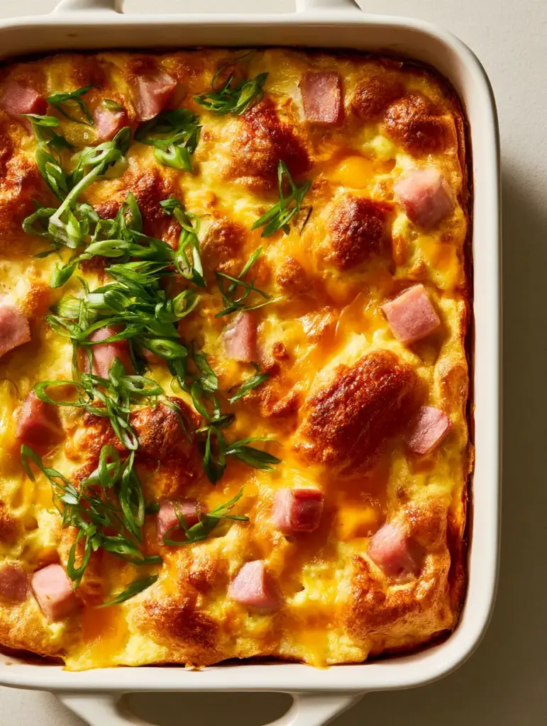 A slice of Farmer's Breakfast Casserole being served, showing the airy custard interior and pockets of melted yellow cheddar cheese.