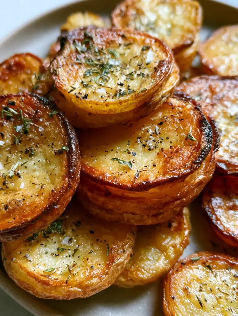 Thinly sliced potato rounds air fried to a golden brown with a soft fluffy center and crispy seasoning.