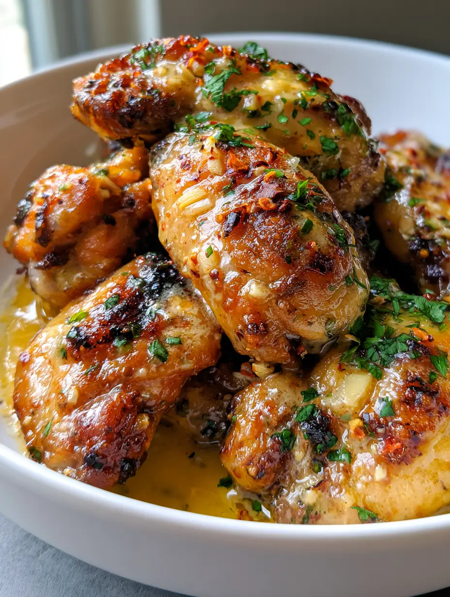 Close-up of crispy fried chicken wings coated in glossy yellow cowboy butter sauce with minced garlic bits and parsley. (Cowboy Butter Chicken Wings)