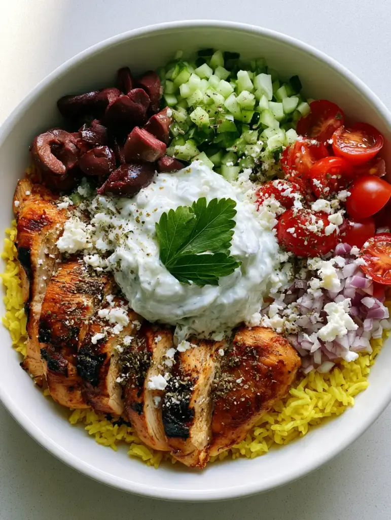 Sectioned view of High Protein Mediterranean Chicken Bowls with cucumbers, kalamata olives, and feta cheese.