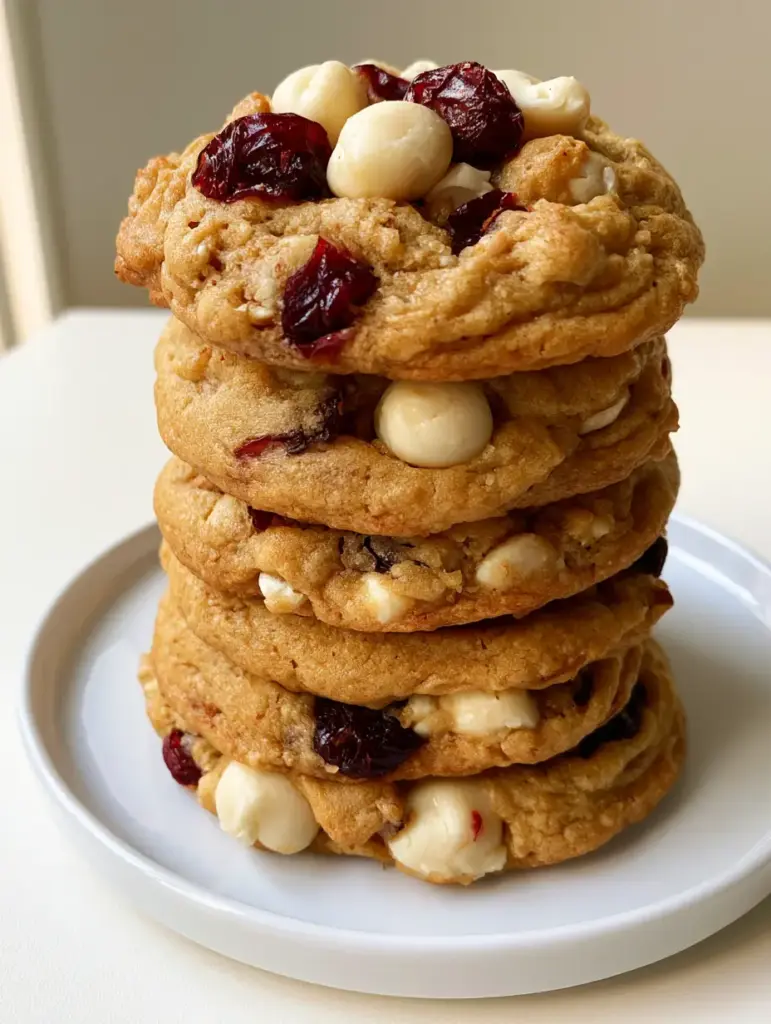 Vertical view of a five-cookie stack of golden-brown White Chocolate Cranberry Cookies on a neutral surface.