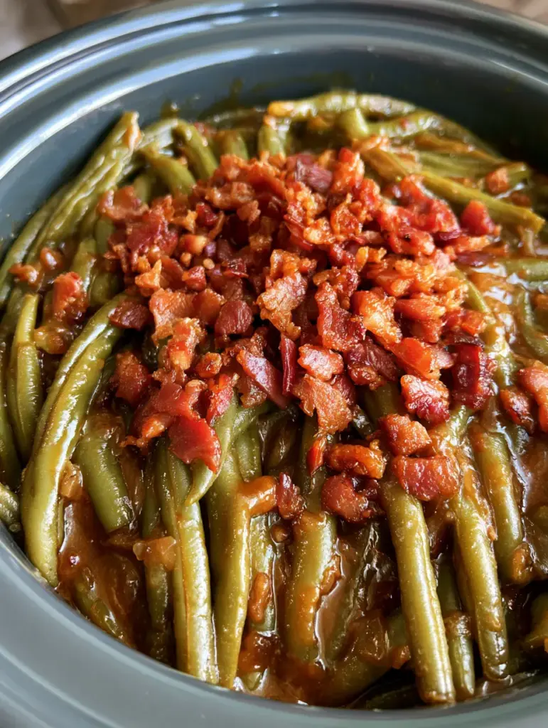 Close-up detail of crispy, reddish bacon bits scattered over soft, dark amber glazed Crack Green Beans.
