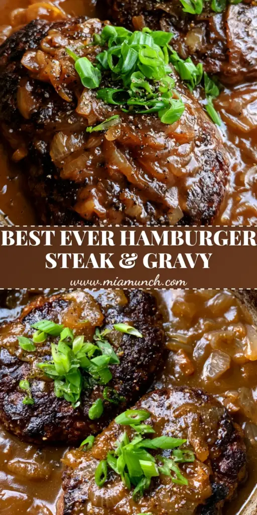 A top-down view of two thick seared Hamburger Steaks with Brown Gravy in a cast iron skillet topped with green scallions and black pepper.