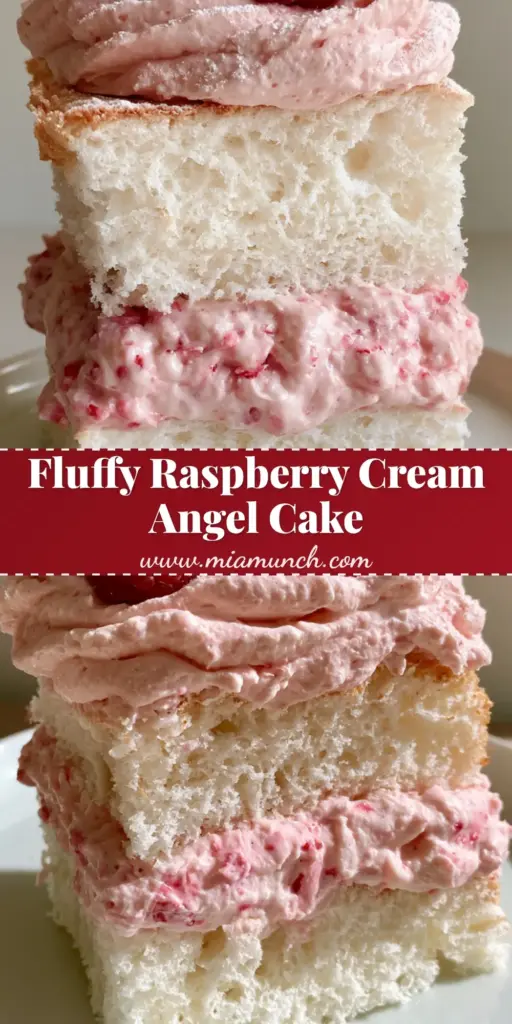 Raspberry Cream Angel Food Cake: The Fluffiest Summer Layer Cake 4 A tall slice of Raspberry Cream Angel Food Cake on a white plate, showing layers of white sponge and pink raspberry cream topped with fresh berries.