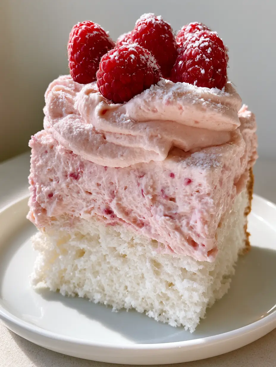Raspberry Cream Angel Food Cake: The Fluffiest Summer Layer Cake 3 Close-up smartphone photo of Raspberry Cream Angel Food Cake with thick pink whipped cream layers and fresh red raspberries.