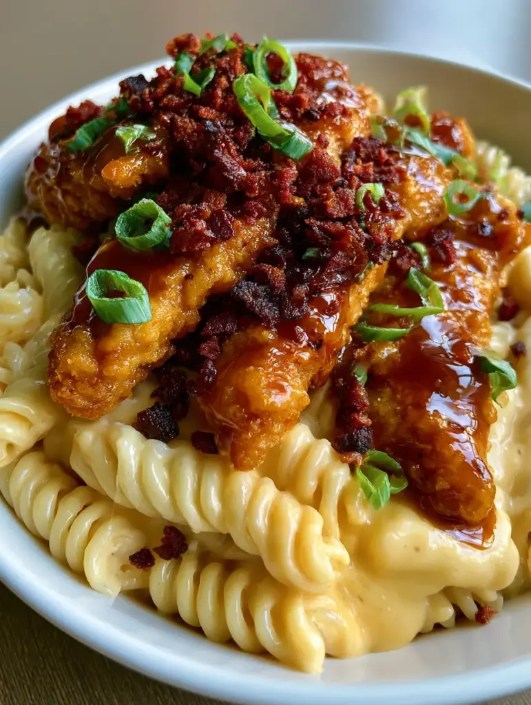 Honey Pepper Chicken Pasta: The Ultimate Sweet and Spicy Comfort Food 2 Close up handheld photo of Honey Pepper Chicken Pasta showing the glossy cheese sauce and crispy chicken tenders.