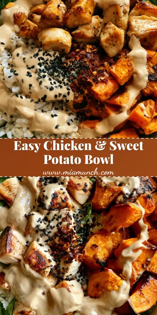 A top-down shot of a Chicken and Sweet Potato Power Bowl featuring charred sweet potatoes, roasted chicken, and creamy tahini drizzle on a grey stone surface.