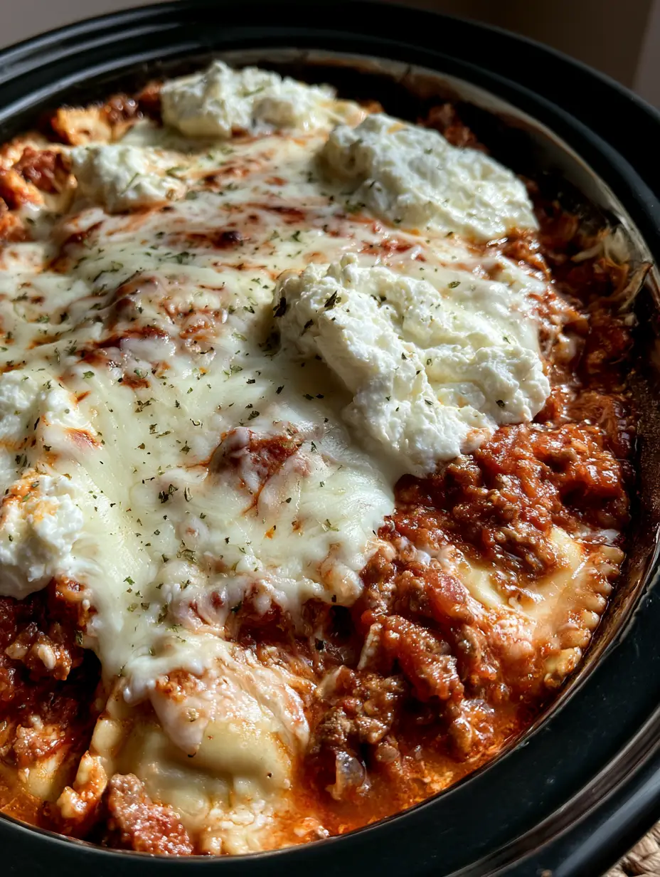 Close up of the thick, chunky tomato meat sauce and ground beef crumbles inside the black oval ceramic crockpot. (Million Dollar Ravioli Crockpot)