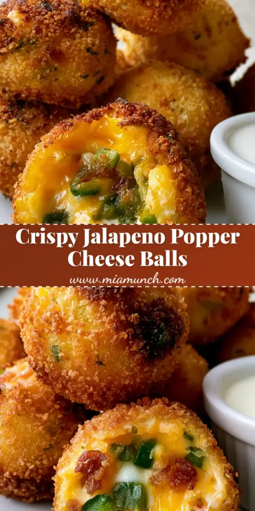 A stack of golden-brown Jalapeno Popper Cheese Balls on a white plate with one halved to show molten cheese and diced jalapenos.
