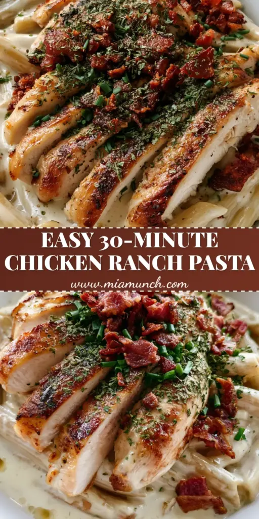 Chicken Ranch Pasta: The Ultimate Creamy Bacon Comfort Food 4 A shallow white bowl of Chicken Ranch Pasta featuring penne in ivory sauce topped with seared chicken slices and bacon.