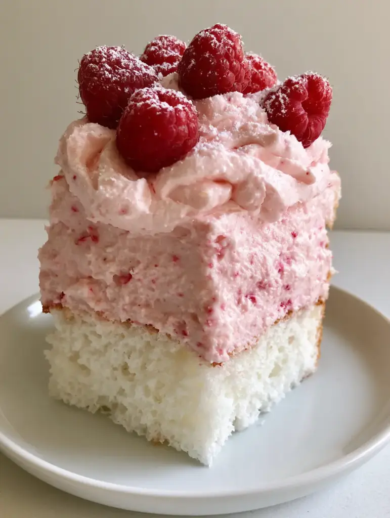 Raspberry Cream Angel Food Cake: The Fluffiest Summer Layer Cake 1 Side view of a Raspberry Cream Angel Food Cake slice highlighting the porous white sponge and fruit fragments in the cream.